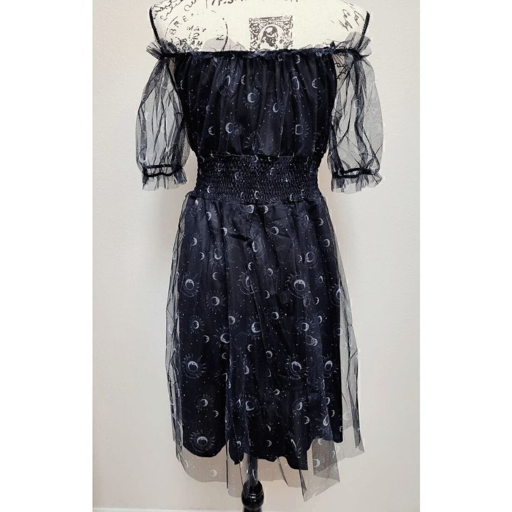 Off Shoulder Goth Witch Moon Print Contrast Mesh Flared Shirred Dress L NWT - Picture 12 of 16